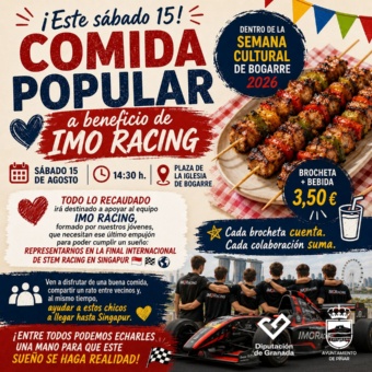 Comida popular a beneficio de IMO RACING. Sábado 15 Semana Cultural de Bogarre 2026